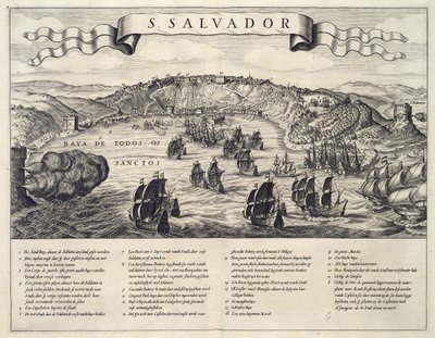 Veduta della battaglia per la città di San Salvador nella Baia di Tutti i Santi tra olandesi e portoghesi nel 1624 da B. Elsevier
